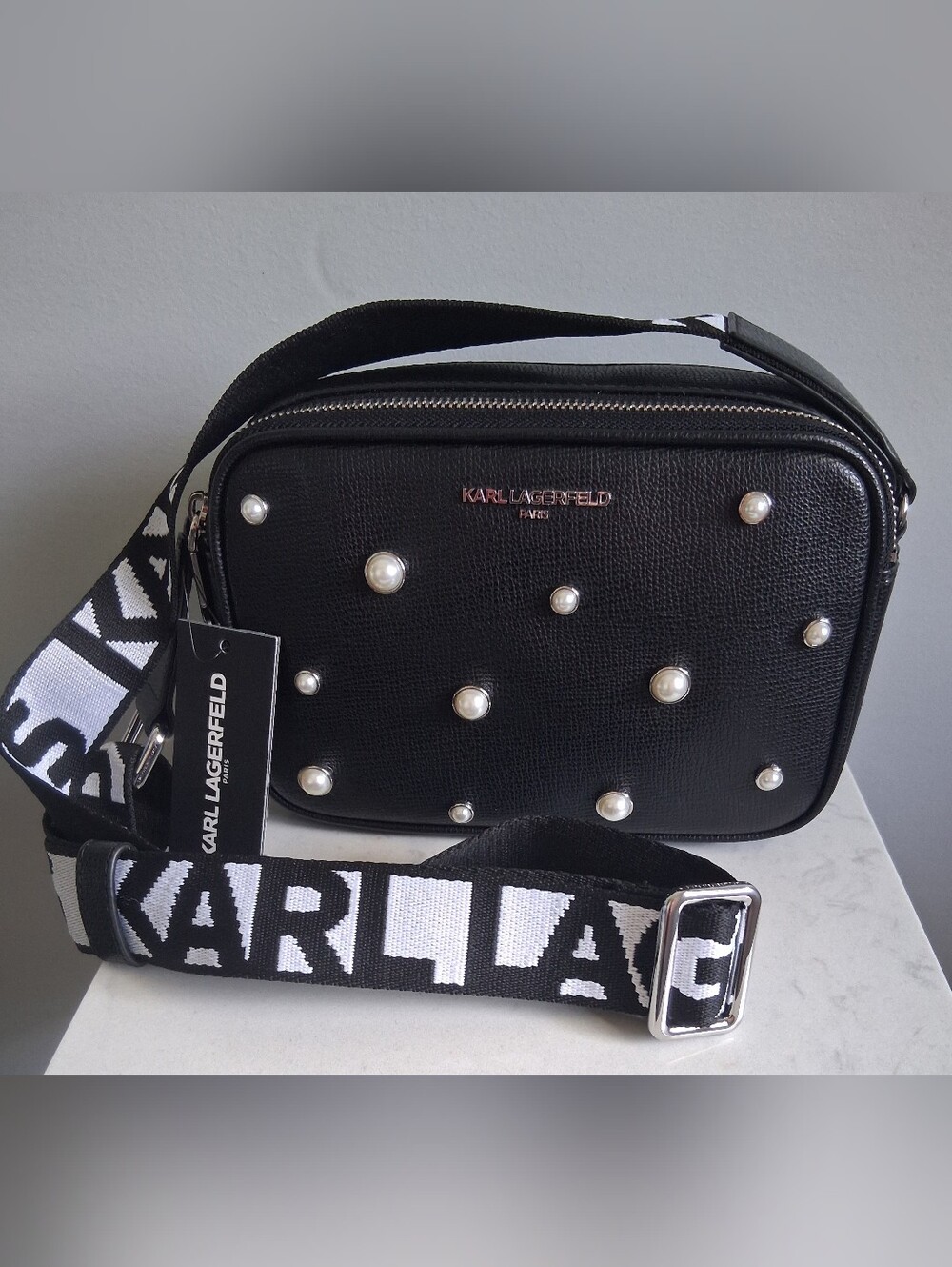 Karl Lagerfeld Pearl Encrusted Black Crossbody Purse